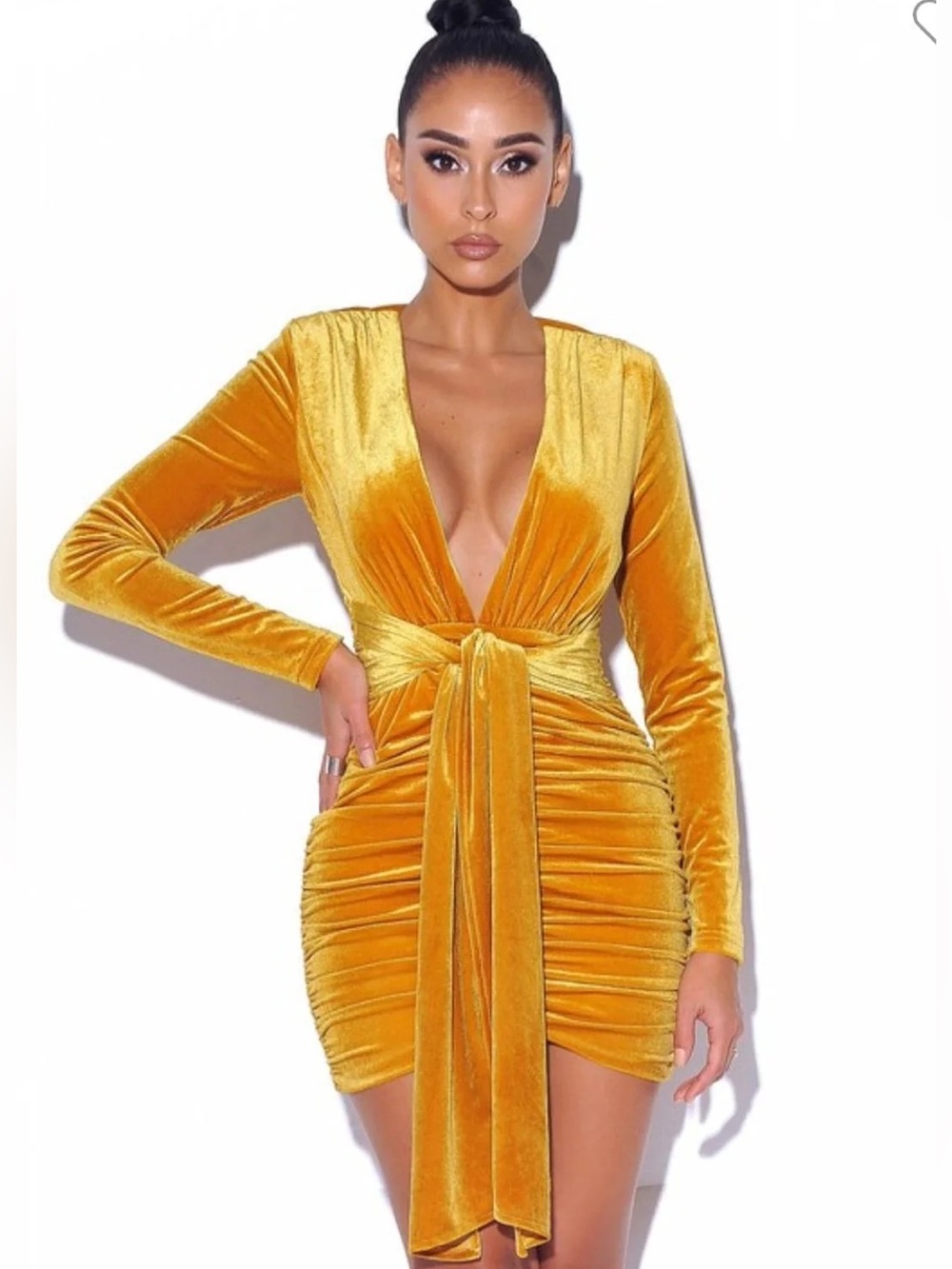 Miss Circle Gold Velvet Ruched Mini Dress NWT Sz Small